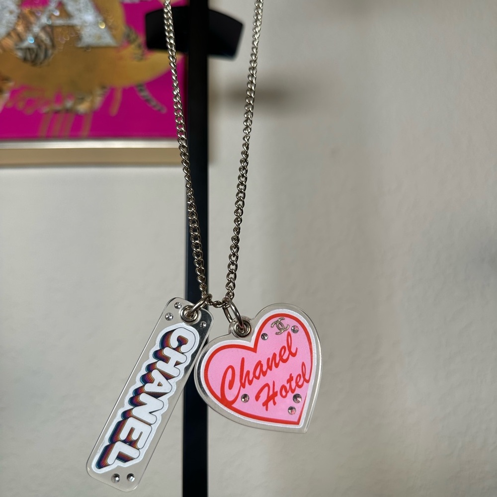 Authentic CHANEL Hotel Pink Heart and Logo Tag Charm Necklace - Picture 3 of 7